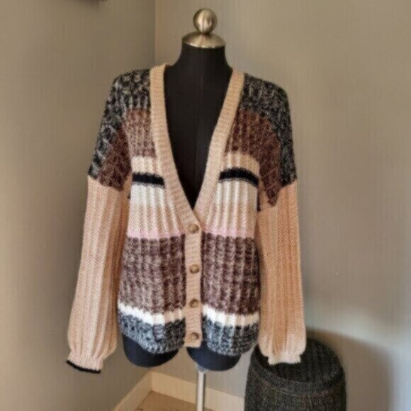 Soya Concept Puff Sleeve Oversized Cardigan Sweater NWT Sz Large - Picture 1 of 10